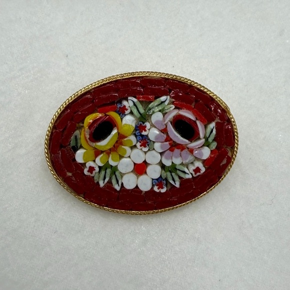 micro mosiac Jewelry - Vintage Red Floral Mosaic Brooch #4MO
